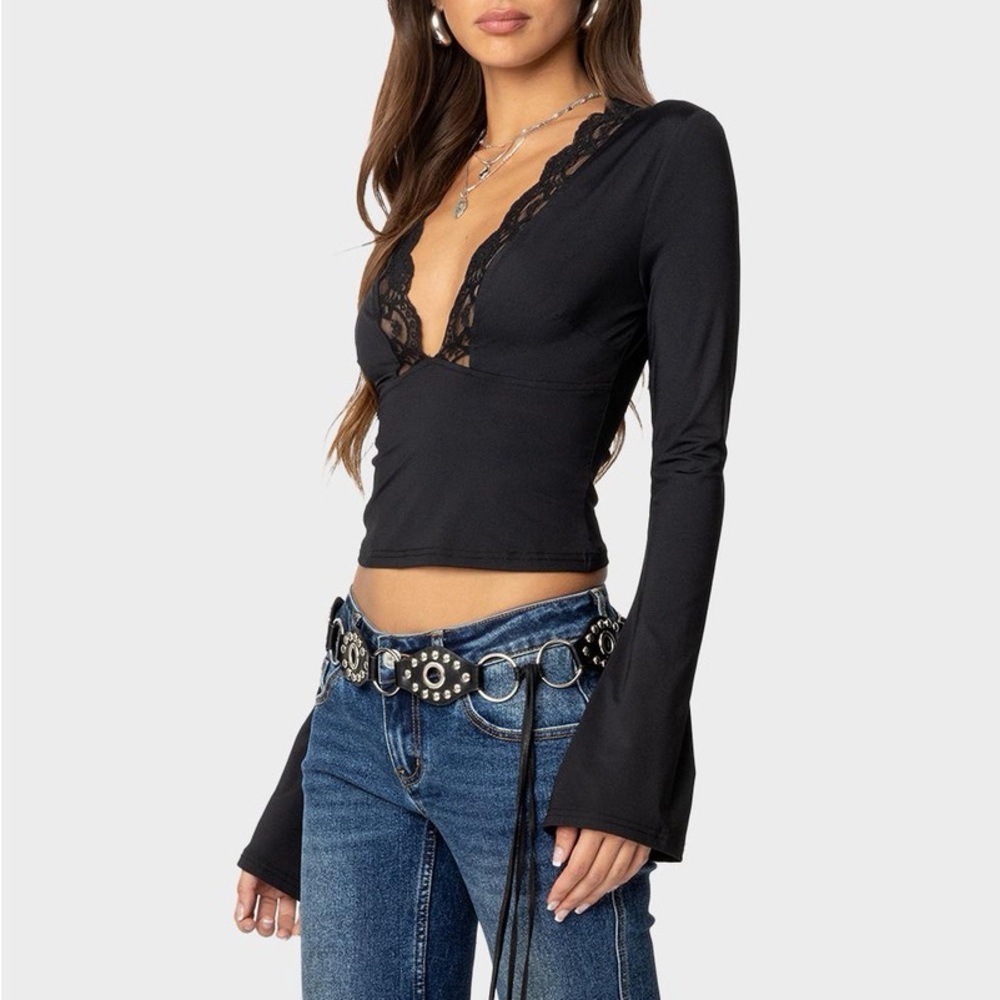 Edikted Black Bell Sleeve Lace Blouse